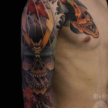 Татуировка мужская япония на плече маска череп