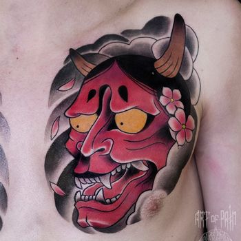 Татуировка мужская Япония на груди красный демон Ханья