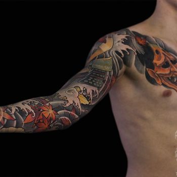 Татуировка мужская япония тату-рукав ханья кленовые листья