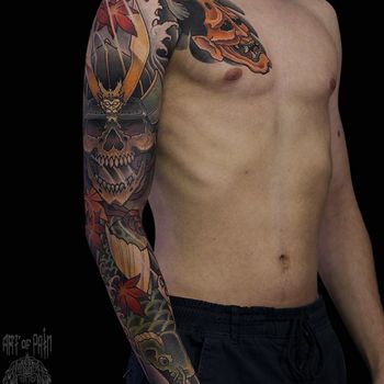 Татуировка мужская япония тату-рукав карп и маски