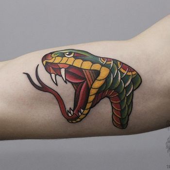 Татуировка мужская олд скул на плече змея