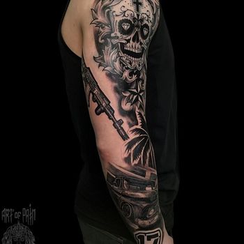 Татуировка мужская чикано тату-рукав череп, автомобиль, пальма, ружье
