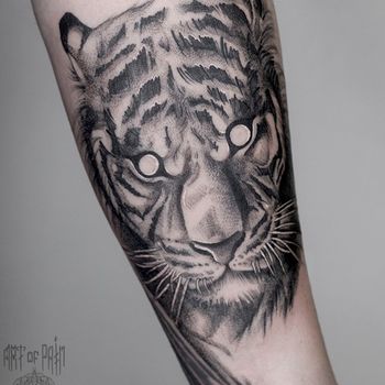 Татуировка мужская графика на предплечье тигр