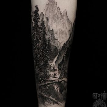 Татуировка мужская графика на предплечье пейзаж с горами