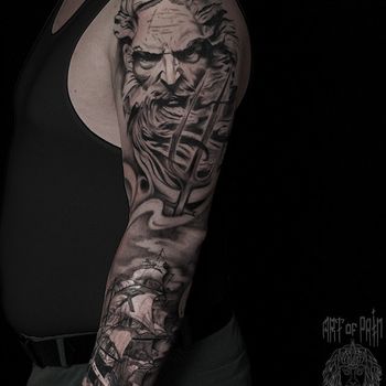 Татуировка мужская графика тату-рукав посейдон и корабль
