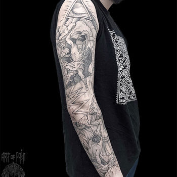 Татуировка мужская графика тату-рукав боги, масонский глаз, люди