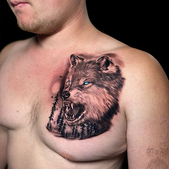 Татуировка мужская реализм на груди волк
