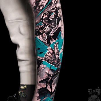 Татуировка мужская треш полька на голени зомби-сёрферы