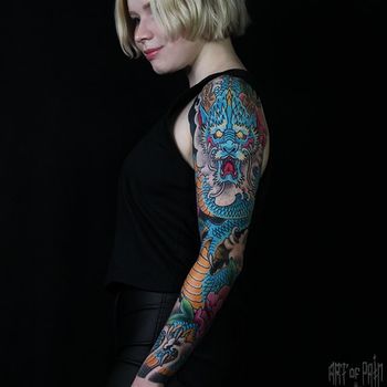 Татуировка женская япония тату-рукав голубой дракон
