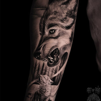 Татуировка мужская реализм на предплечье волки