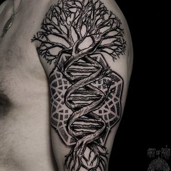 Татуировка мужская графика на плече дерево днк