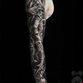 Татуировка мужская реализм тату-рукав самурай и карп