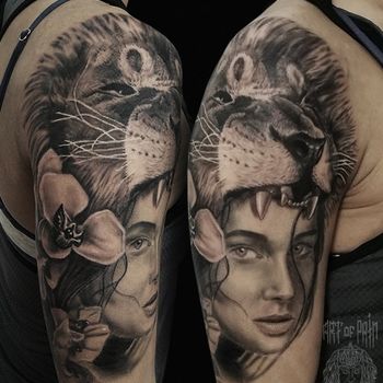 Татуировка мужская реализм на плече дева и лев