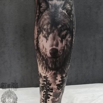 Татуировка мужская реализм на голени волк