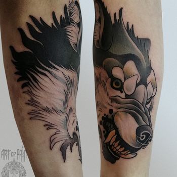 Татуировка мужская нью-скул на предплечье волк