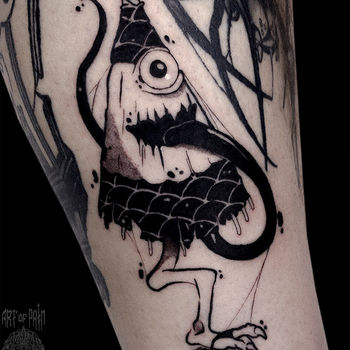 Татуировка мужская графика на голени демон-зонтик