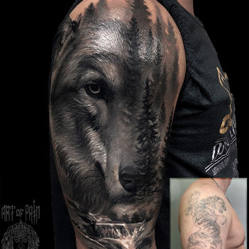 Татуировка мужская реализм на плече волк