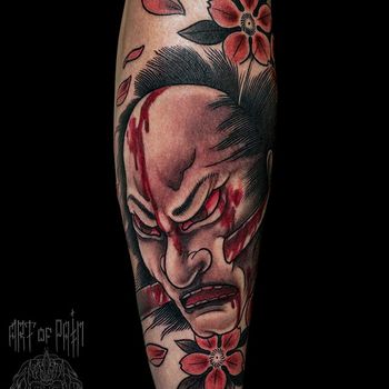 Татуировка мужская япония на голени мертвый самурай