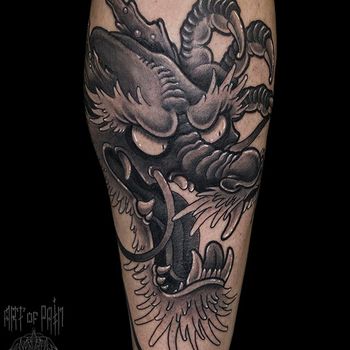 Татуировка мужская япония на голени дракон
