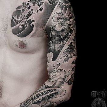 Татуировка мужская япония тату-рукав лотосы и дракон