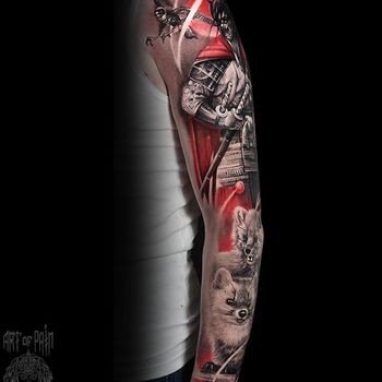 Татуировка мужская реализм тату-рукав самурай, птица, хорьки 