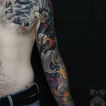 Татуировка мужская япония тату-рукав волк, карп, лотосы