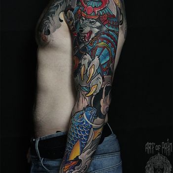Татуировка мужская япония тату-рукав лотосы, карп, волк