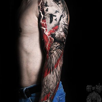 Татуировка мужская треш полька тату-рукав вороны и лес