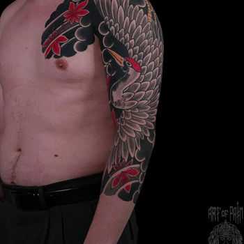Татуировка мужская япония тату-рукав журавль и кленовые листья