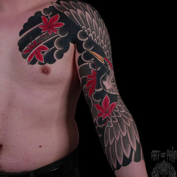 Татуировка мужская япония тату-рукав журавль и кленовые листья