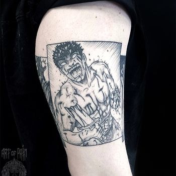 Татуировка мужская графика на плече аниме