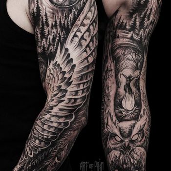 Татуировка мужская black&grey тату-рукав сова и лес