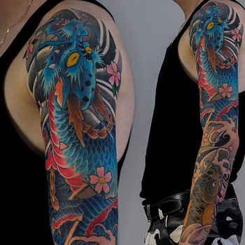 Татуировка мужская япония на плече синий дракон