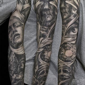 Татуировка мужская black&grey тату-рукав маска, глаз и ангел