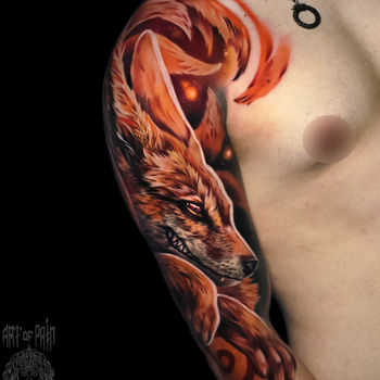 Татуировка мужская нео-трад на плече лиса