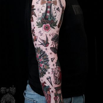 Татуировка мужская олд скул тату-рукав ласточка, мандала, маяк, кот, часы
