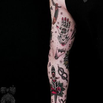 Татуировка мужская олд скул тату-рукав кинжал, рука, глаз