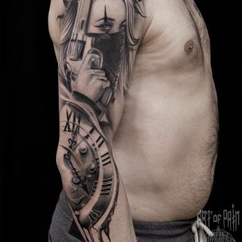 Татуировка мужская чикано тату-рукав девушка и часы