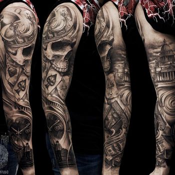 Татуировка мужская black&grey тату-рукав череп и белый дом