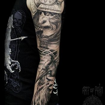Татуировка мужская реализм тату-рукав самурай и журавль
