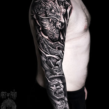 Татуировка мужская фентези тату-рукав дракон и демон