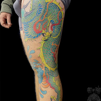 Татуировка мужская япония на ноге дракон