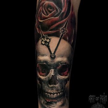Татуировка мужская black&grey на предплечье череп и роза