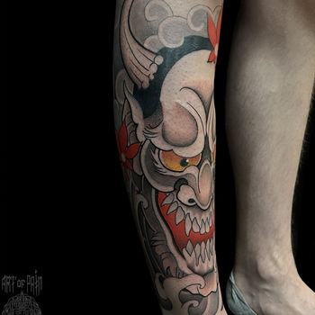 Татуировка мужская япония на голени Хання