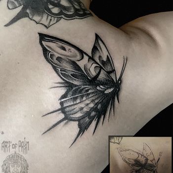 Татуировка женская black&grey на лопатке бабочка