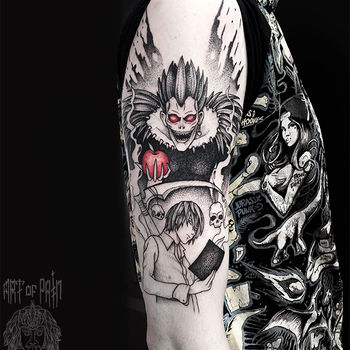 Татуировка мужская графика на плече монстр с яблоком