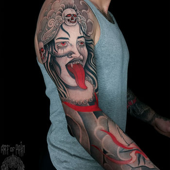 Татуировка мужская япония на рукав Кали, тигр, царь обезьян
