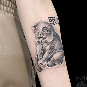Татуировка женская графика на предплечье котик и иероглиф