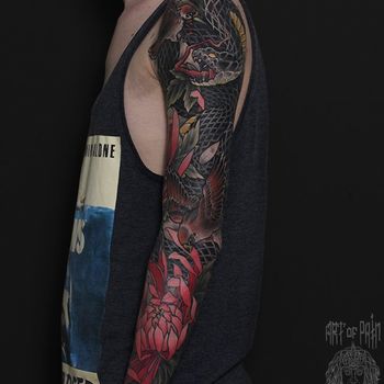 Татуировка мужская япония тату-рукав змея и воробьи