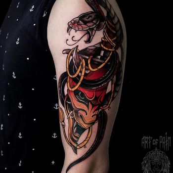 Татуировка мужская япония на плече ханья и змея